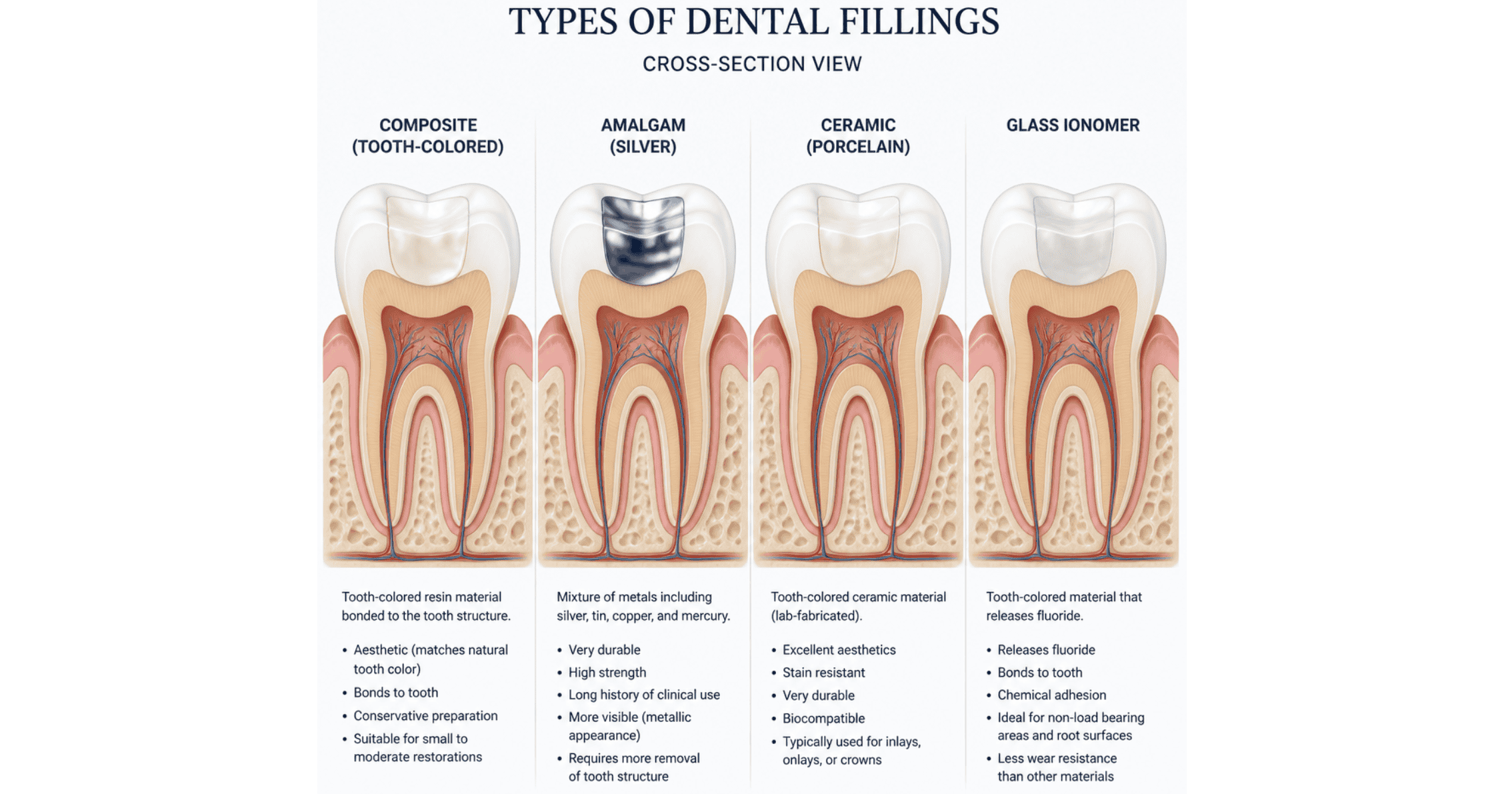 Different types of dental filling materials, including composite and amalgam